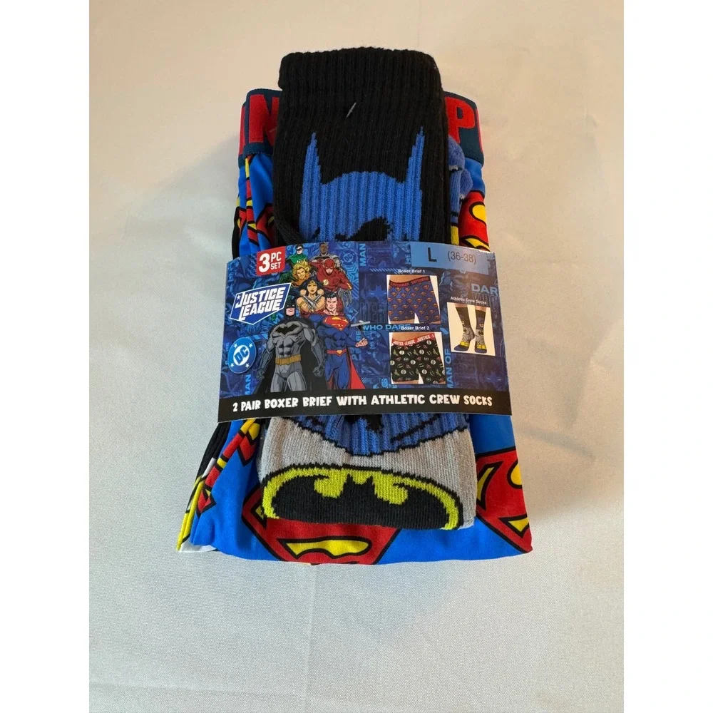 DC Comics Justice League 3 Pack Boxer Brief & 2 Crew Socks Mens Large NWT